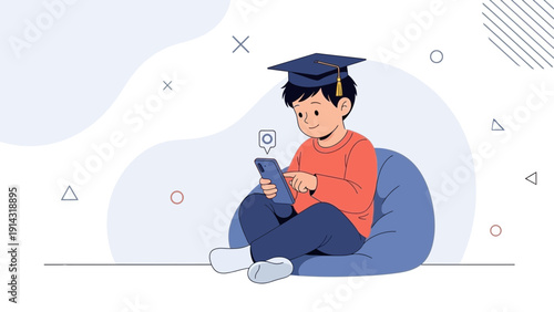 Young boy with graduation cap using smartphone, online learning concept