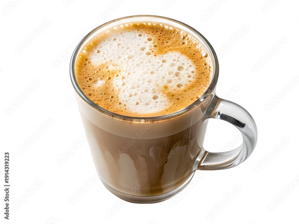 Fototapeta premium A frothy, warm cappuccino in a white mug with a dusting of cocoa powder on top
