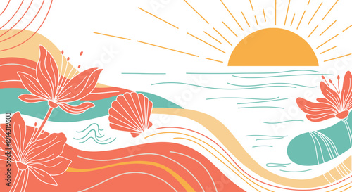 Abstract Beach Sunset with Flowers and Seashells - Vibrant Summer Scene