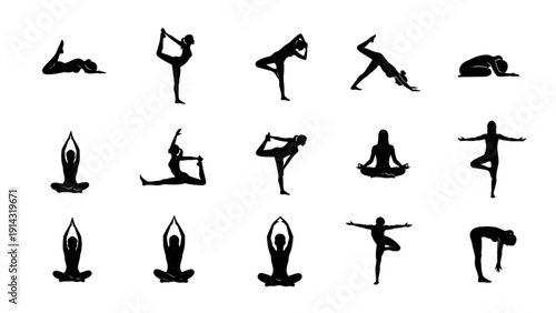 High Quality Women Yoga Icon Set of 15 Black Vector Fitness Minimalist Illustrations