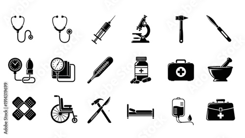 Black Western Doctor Kit Icon Set | 18 Vector Medical Icons