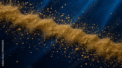 A macro shot of gold dust settling on a dark blue velvet fabric, creating a luxurious and textured background.