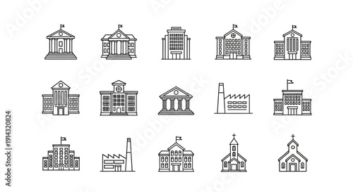 Collection of Simple Line Drawings of Various Buildings and Architectural Structures.