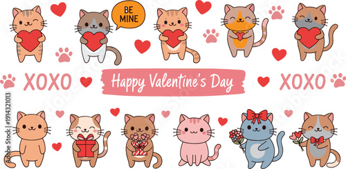 Cute Valentine cats vector set with hearts gifts and love messages, kawaii cartoon characters for Valentine’s Day cards, stickers, nursery designs, and romantic prints