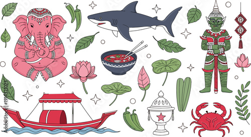 Thai culture vector set with traditional symbols deity boat lotus and sea animals, colorful hand drawn illustrations for travel, festival, branding, and decorative designs