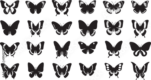 A collection of various butterfly silhouettes in black and white.