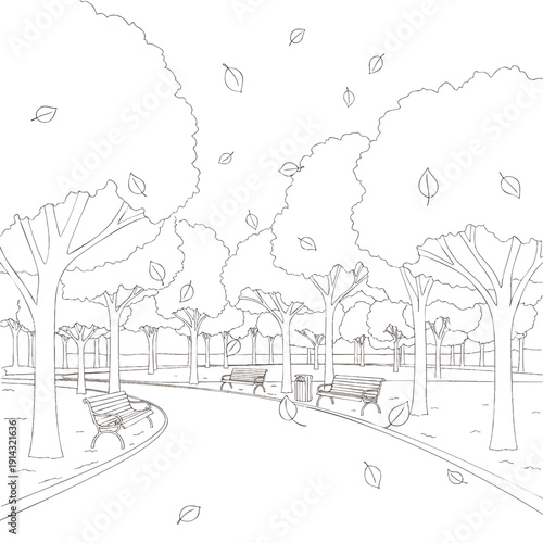 Serene park scene with walking path and benches surrounded by trees.