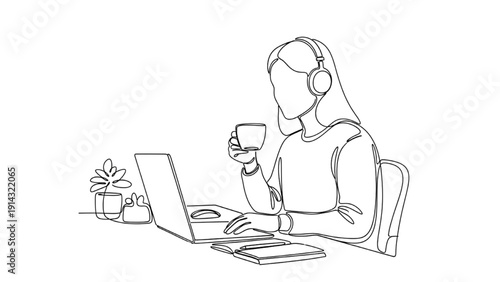 Black Continuous Line Art Woman Working from Home with Headset Tea and Laptop Minimalist Vector Illustration