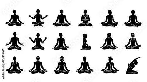 Black Meditation Posture Icon Set | 18 Vector Yoga and Wellness Icons