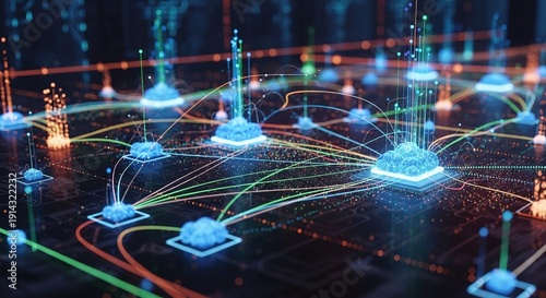 Futuristic network connections and glowing data streams visualize cloud computing and digital technology concepts.