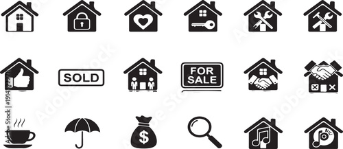  Black and white real estate icons set with house symbols and reflections