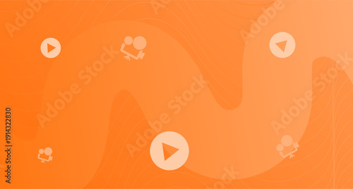 Abstract orange gradient background with video player and cinema camera icons. Vibrant wavy backdrop for multimedia streaming, digital content creation, and movie promotions.