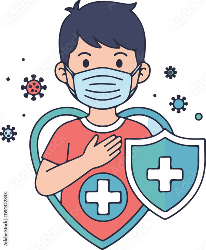 Little boy wearing medical face mask with protective shield and heart icon for virus prevention and healthcare concept