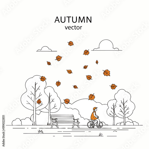 Person riding a bicycle in a park during autumn season with falling leaves.