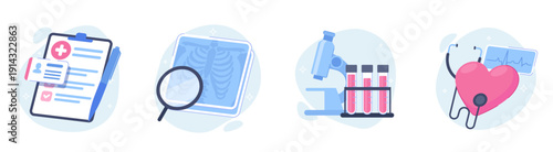 Medical healthcare diagnostics icon set with hospital report xray microscope blood test and heart cardiology symbols flat vector illustration isolated