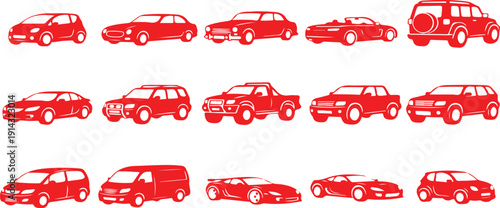 Collection of modern cars in sleek black silhouettes for design use