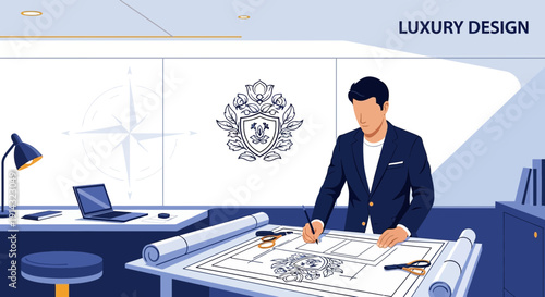 Architect or designer working on blueprint in modern office, luxury design concept