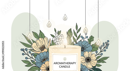 Aromatherapy Candle Surrounded by Botanical Flowers Illustration