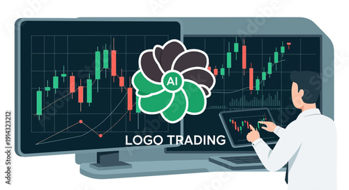 AI Trading Bot Analyzing Stock Market Candlestick Charts on Computer Screens