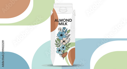 Almond Milk Carton with Floral Illustration and Abstract Shapes