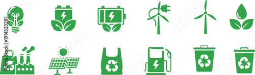 Set of green eco plant and recycling icons with leaves, arrows, energy, car fuel and environmental symbols in vector style