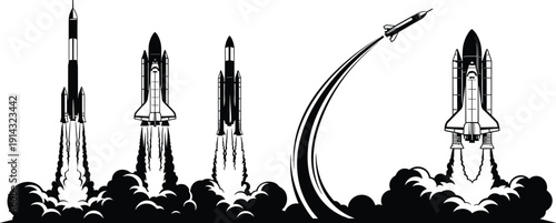 Rocket launch silhouettes, space shuttle liftoff, futuristic aerospace design, black and white vector illustration, space exploration concept, technology innovation, dynamic flight artwork