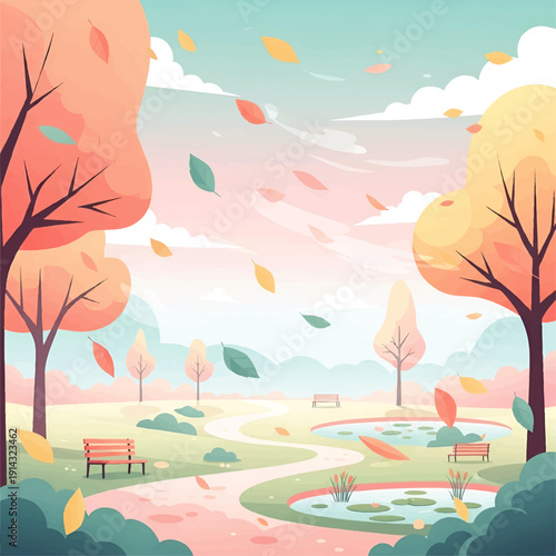 Serene Autumn Park Scene with Vibrant Foliage and Winding Pathways.