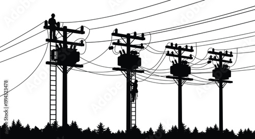 Utility poles with electrical transformers, power lines, workers climbing ladder and platform, rural tree background, silhouette vector illustration of electrical distribution network maintenance