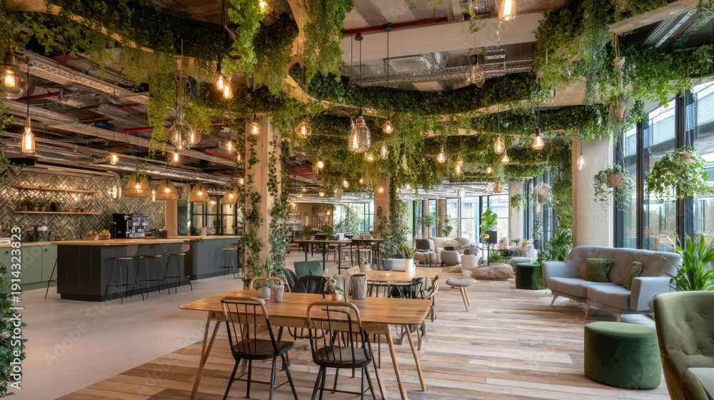 Fototapeta premium Modern coworking space with greenery, wooden furniture, and warm lighting showcasing a comfortable and inspiring environment for collaboration and creativity