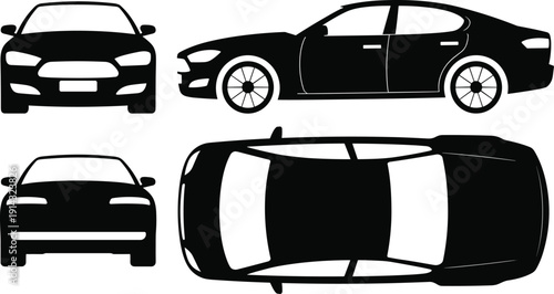Black silhouette car illustrations showing front, side, rear, and top views, isolated sedan icons for automotive diagrams and transport design