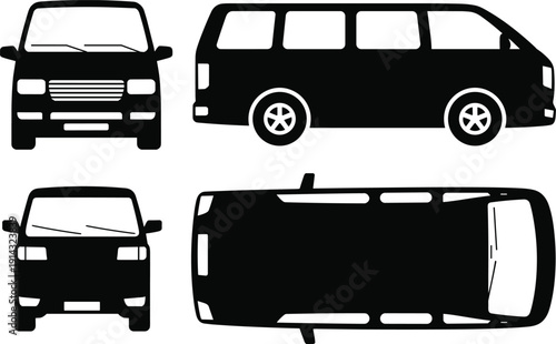 Black silhouette van illustrations showing multiple perspectives including front, side, rear, and top views, isolated icons for automotive design and transport planning