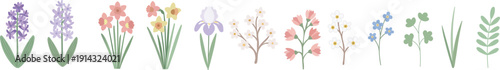 Collection of delicate spring flowers and greenery in a charming flat illustration style
