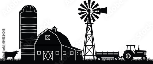 Black and white farm vector illustration, cow, barn, silo, windmill, tractor with trailer, rural agriculture landscape, countryside silhouette, traditional farming scene