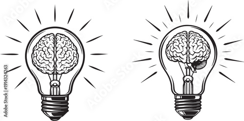 Innovative idea with brain inside glowing light bulb