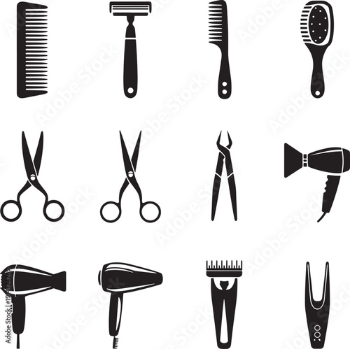 Barber and Hairdressing Tools Black Icons Set