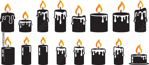 Set of black candles with white wax and flames on white background