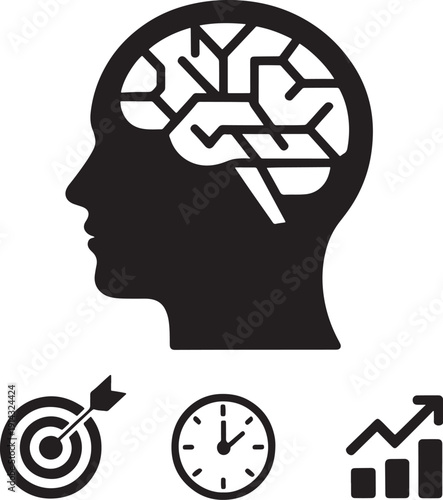 Brain in head icons for goals, time, and growth silhouette