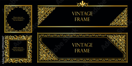 Luxury vintage gold frames collection with ornate baroque borders and elegant filigree corners isolated on black background, perfect for invitations, certificates, branding and packaging.