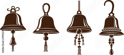 Set of four elegant black bells with different designs and ornaments