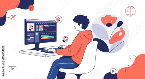 Young person editing video on computer, creative workflow, floral accents