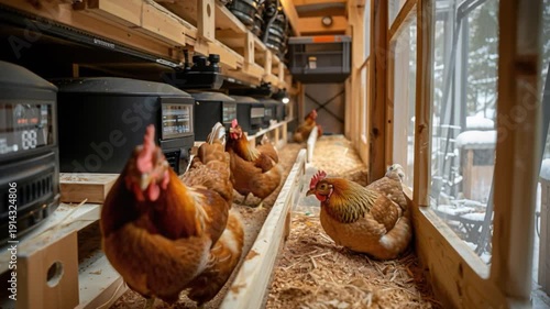 Wallpaper Mural Four chickens roam freely modern, well-lit indoor chicken house, equipped advanced poultry feeding systems, amidst warm cozy atmosphere, providing comfortable winter haven animals under farmer's care Torontodigital.ca