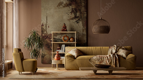 Schilderij op canvas Moody japandi living room interior with earthy colors, textured wall art and warm ambient light for modern luxury homes