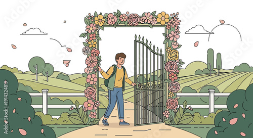 Young Person Entering Garden Gate Decorated with Flowers, Open Door to Nature