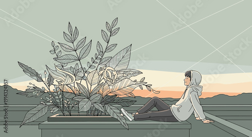 Young Person Gazing at Plant Silhouette at Sunset