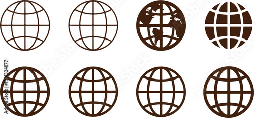 Set of modern globe icons in black and white for global business concepts
