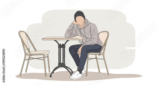 Young Person Sitting Alone at Cafe Table, Waiting, Boredom, Casual Style