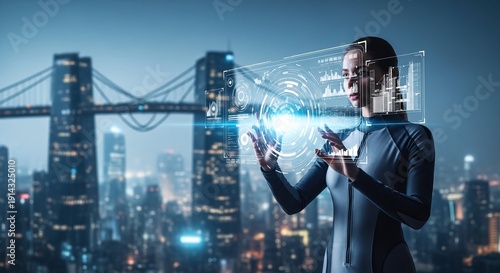 Person interacting with futuristic holographic interface displaying data analytics against a blurred city skyline at dusk.