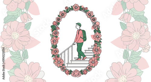 Young Man Walking Up Stairs Through Floral Frame, Botanical Art, Vector Illustration