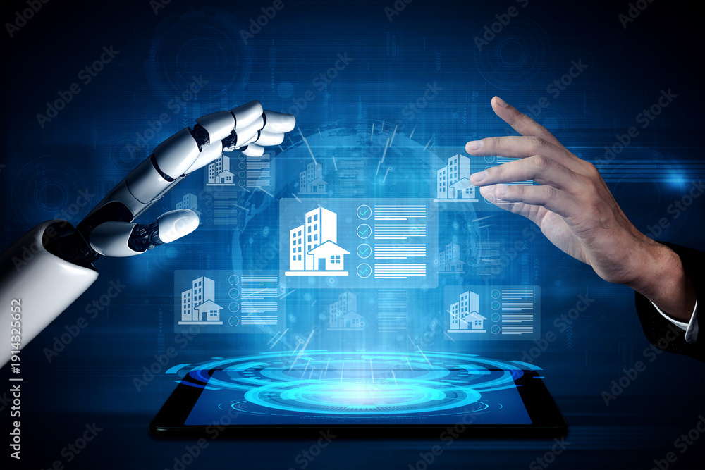 Fototapeta premium A human hand reaches out towards a robotic hand, engaged in a futuristic digital interface showcasing data visualization and real estate information on a tablet. Gantry