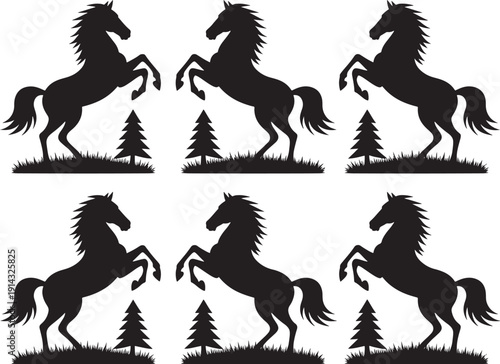 Prancing Horses Silhouettes with Trees icon set